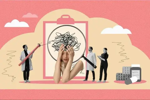 Stygmatyzacja zdrowia psychicznego. Kobieta zdezorientowana, lekarze analizują jej stan, a obok leki.
