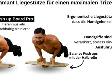Mann macht Diamant Liegestütze auf einem Balance Board für maximalen Trizeps-Trainingserfolg.