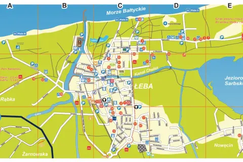 Łeba plan miasta z atrakcjami: plaże, port, jezioro Sarbsko, kanał Chełst, Słowiński Park Narodowy, ruchome wydmy.