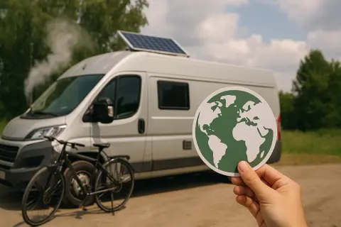 En hand håller upp en jordglob framför en vit husbil med solpanel. En cykel står parkerad bredvid. Hela scenen andas frihet och van life.