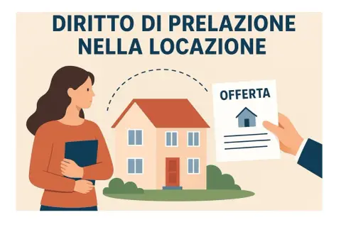 Una donna guarda una casa mentre una mano offre un documento con la scritta "OFFERTA". Illustra il diritto di prelazione nella locazione, con un fac simile di lettera.
