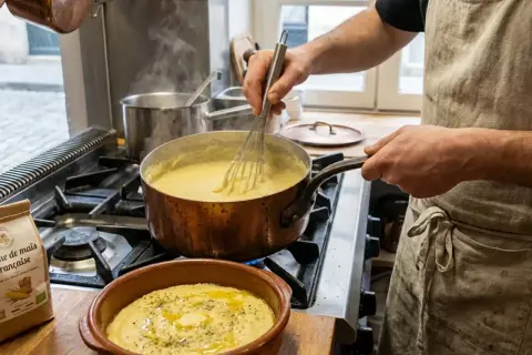 Un chef prépare une recette de polenta crémeuse, fouettant la semoule dans une casserole en cuivre sur le feu. Une autre portion de polenta, arrosée d'huile d'olive, est prête dans un plat en terre cuite.