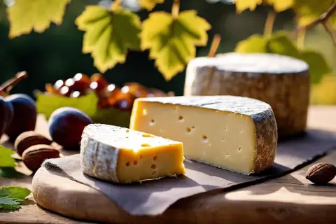 Un délicieux banon fromage, avec des prunes, des noix et des raisins, sous des feuilles d'automne.