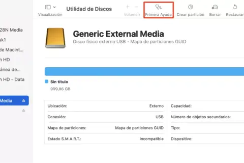 El disco duro externo "Generic External Media" no detecta el disco, aparece como "Incompatible" en Utilidad de Discos.