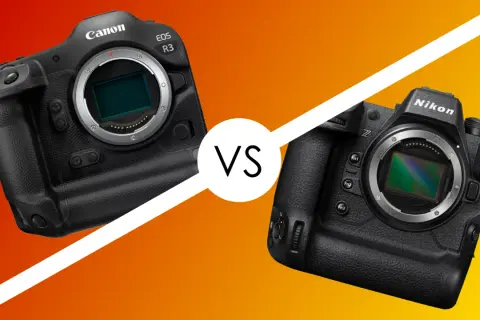 Dwa aparaty fotograficzne: Canon EOS R3 i Nikon Z, z widocznym sensorem.