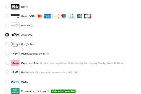 Wybierz metodę płatności: Blik, karta, Apple Pay, Google Pay, PayPo, Klarna, PayPal lub dostawa za pobraniem.