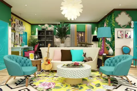 A vibrant, eclectic living room in a friends apartment, featuring teal chairs, a white sofa with colorful pillows, a guitar, and a cat lounging.