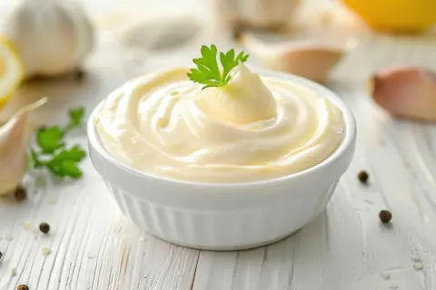 Mayonesa casera hecha en Thermomix, cremosa y deliciosa, con ingredientes frescos como limón y ajo.