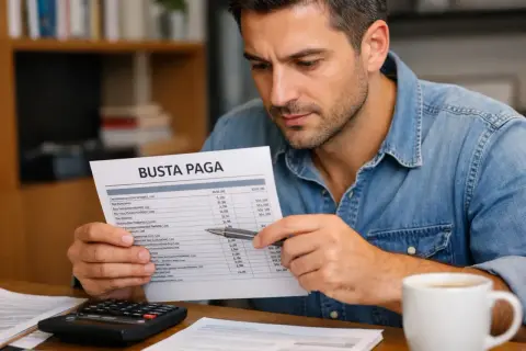 Uomo analizza busta paga, calcolatrice e tazza di caffè sul tavolo. Il suo apprendistato stipendio è in fase di revisione.