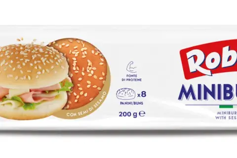 Opakowanie mini bułek do burgerów Roberto z sezamem, z widocznymi dwoma bułeczkami z nadzieniem.