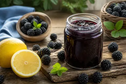 Frische Brombeeren, Zitrone und ein Glas selbstgemachte Brombeeren-Marmelade. Perfekt zum Brombeeren einkochen.