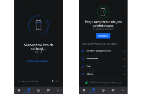Skan telefonu w aplikacji Skiff Mail. Urządzenie czyste, nie znaleziono zagrożeń. Sprawdzono 43 aplikacje.