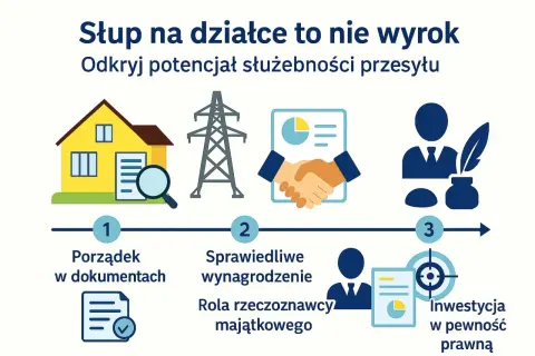 Jak ustalić, ile żądać za służebność przesyłu? Ilustracja pokazuje kroki: porządek w dokumentach, sprawiedliwe wynagrodzenie z rzeczoznawcą i inwestycję w pewność prawną.