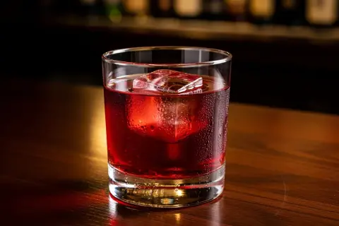 Ett glas med en röd negroni, isbitar och kondens på glaset, på en träyta. Perfekt för ett negroni recept.