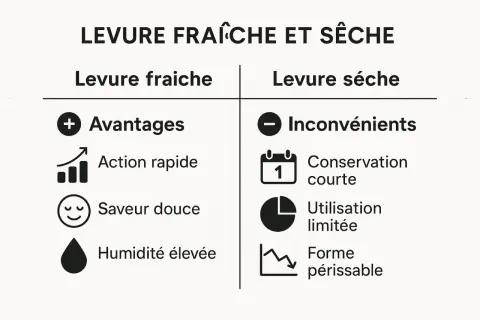Comparaison levure fraîche et sèche : avantages (action rapide, saveur douce, humidité élevée) et inconvénients (conservation courte, utilisation limitée, forme périssable).