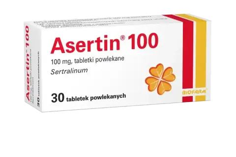 Opakowanie leku Asertin 100 mg, zawierającego sertralinę, stosowanego w leczeniu depresji i innych schorzeń. Zoloft to nazwa handlowa tego typu leku.