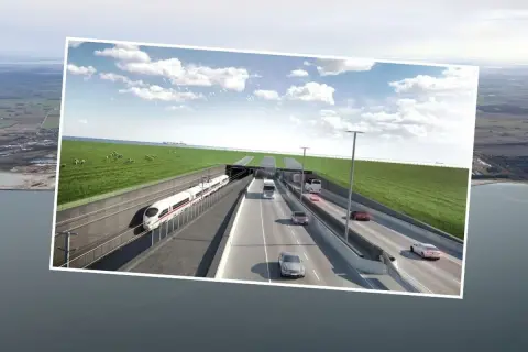 Wizualizacja tunelu łączącego Niemcy i Danię, z pociągiem i samochodami.