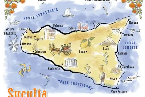Mapa Sycylii z zaznaczoną Etną, Palermo, Taorminą i innymi atrakcjami. Widać też morza otaczające wyspę.