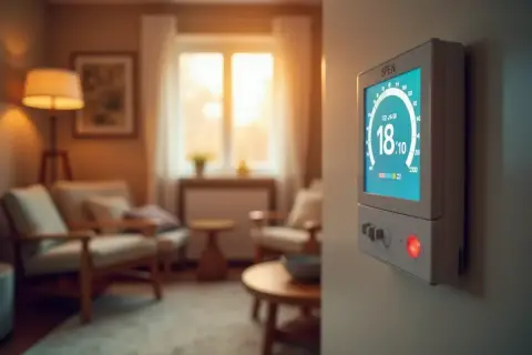 Termostat pokazuje 18 stopni. Idealna jaka temperatura na grzejniki, by cieszyć się komfortem w przytulnym salonie.