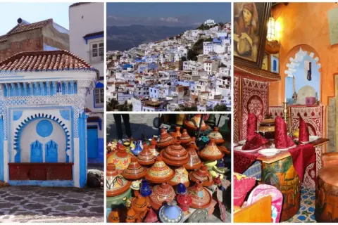 Maroko co zobaczyć: błękitne miasto Chefchaouen, kolorowe naczynia i wnętrze restauracji.