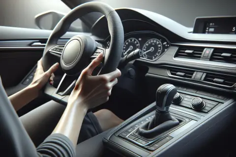 Mani sul volante di un'auto moderna. Il cruscotto è visibile, con cambio automatico e display. Chissà quanto tempo ho per fare la revisione prima di doverla portare dal meccanico.