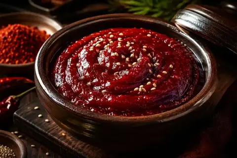En skål med mörk, röd chilipasta, strödd med sesamfrön. Ingredienser för ett ponzu recept syns i bakgrunden.