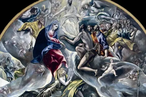 El Greco pinta el cielo: la Virgen, San Juan, apóstoles y ángeles en una visión celestial.