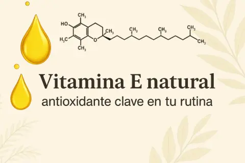Gota dorada y fórmula química de la vitamina E. "Vitamina E natural, antioxidante clave en tu rutina" resalta su uso cosmético.