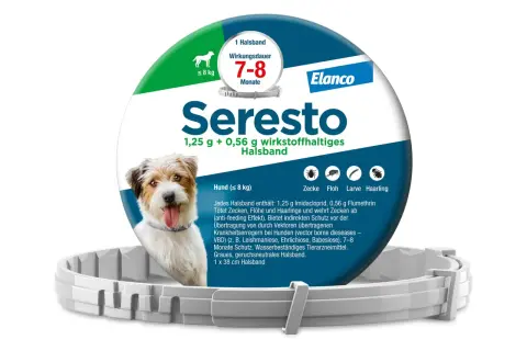 Seresto Halsband für Hunde bis 8 kg mit dem Wirkstoff Imidacloprid und Flumethrin. Bietet 7-8 Monate Schutz vor Zecken, Flöhen und Haarlingen.