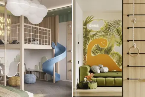 Tableau chambre bébé à faire soi-même : un lit mezzanine avec toboggan bleu et une jungle de dinosaures avec mur d'escalade.