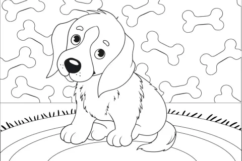 Lindos dibujos de perritos para imprimir, listos para colorear. Un tierno cachorro sentado entre huesos.
