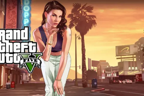 Kobieta w stylu retro posyła całusa na tle miasta. Logo Grand Theft Auto V sugeruje datę wydania gry.