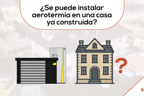 ¿Es posible instalar aerotermia en una casa ya construida? Ilustración de una unidad exterior y una casa, con un gran signo de interrogación.