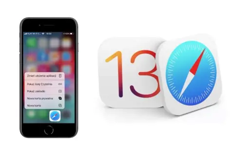 Ikona Safari na iPhonie z menu opcji i logo iOS 13. Dowiedz się, jak zaktualizować Safari.