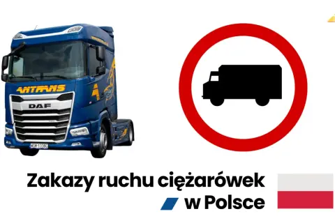 Niebieska ciężarówka DAF obok znaku zakazu ruchu dla ciężarówek i polskiej flagi.