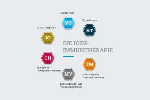 Schema der IOZK-Immuntherapie: Virotherapie (VT), Hyperthermie (HT), IO-VAC®-Impfstoff (IO), Therapie mit Checkpoint-Hemmern (CH), Mikronährstoff- und Vitaminoptimierung (MV), Modulation des Tumormikromilieus (TM). Eine Option nach der Chemotherapie.