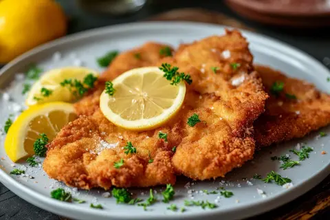 Goldbraunes Wiener Schnitzel, garniert mit Zitronenscheiben und Petersilie, auf einem grauen Teller.