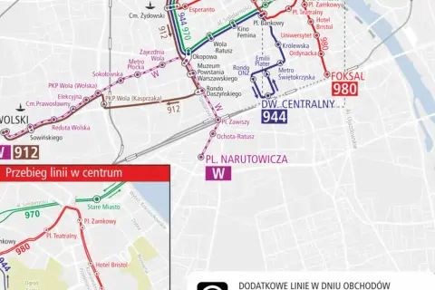 Mapa Warszawy z zaznaczonymi trasami autobusów 912, 944, 970 i 980.
