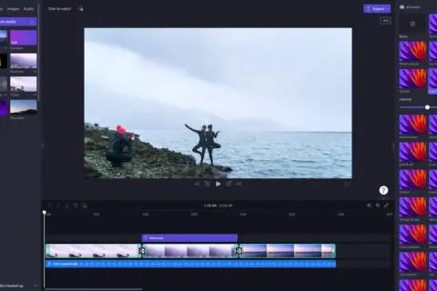 Interface d'un logiciel montage photo gratuit, avec une vidéo en cours de lecture et des options de filtres et d'ajustement des couleurs.