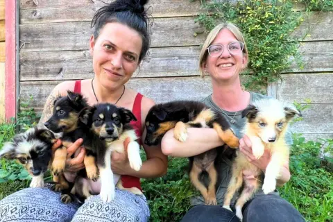 Zwei Frauen halten jeweils mehrere niedliche Welpen. Sie lächeln und wirken glücklich, als ob sie sich über die kleinen Hunde freuen, die sie auch in Not gerettet haben könnten.