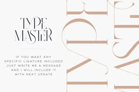 Elegant typography showcasing "TYPE MASTER" with custom ligatures in Illustrator. Text invites users to request specific ligatures for future updates.
