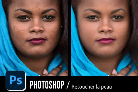 Avant/après : retouche de peau sur Photoshop pour un teint plus lisse.