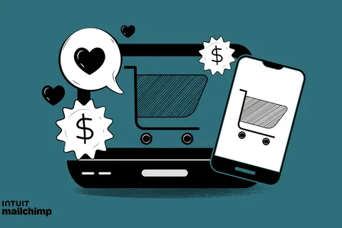 Iconos de carrito de compras, corazones y signos de dólar sobre un portátil y un teléfono, representando el éxito del ecommerce content marketing.