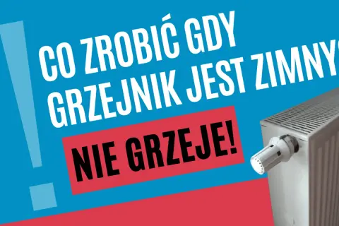 Co zrobić, gdy grzejnik powinien być cały ciepły, a nie grzeje? Biały grzejnik z termostatem na niebieskim tle.