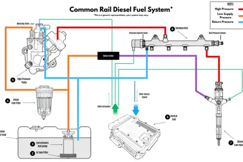 Schemat układu paliwowego common rail: pompa wysokiego ciśnienia, filtr, listwa common rail i wtryskiwacz.