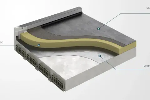 Struttura di isolamento per tetti piani in Neopor, con pannello isolante, membrana barriera al vapore e finitura impermeabile.