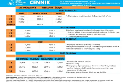 Cennik Krytej Pływalni w Łodzi: bilety normalne, ulgowe, rodzinne i grupowe na basen i basen+sauna. Sprawdź ceny w Łapino.