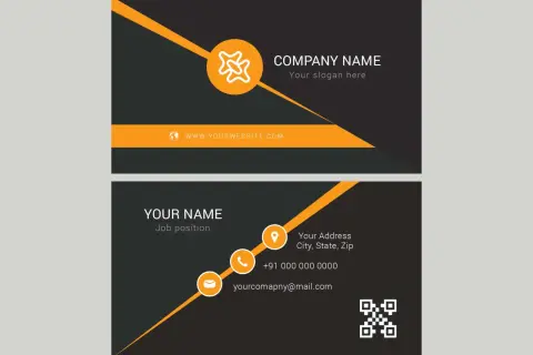 Modern business card template illustrator design with orange accents. Includes company name, website, and contact details.