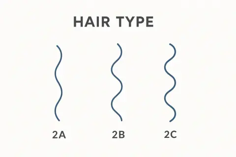 Tres tipos de pelo ondulado: 2A, 2B y 2C, mostrando la diferencia en la forma de las ondas.