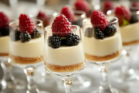 Små glas med cheesecake, toppade med hallon och björnbär. Ett perfekt hallon recept för festen!